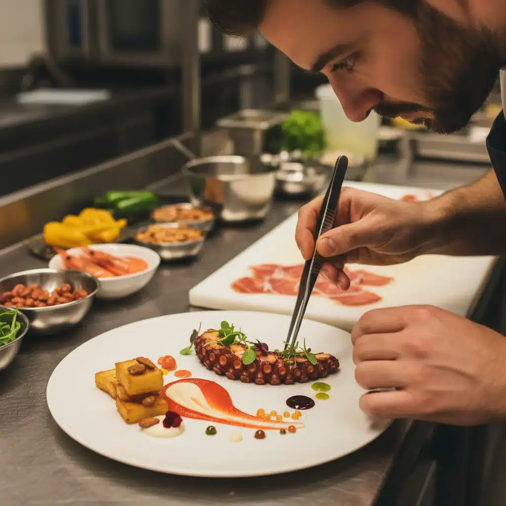 Chef preparando un plato moderno español con técnicas innovadoras y productos frescos.