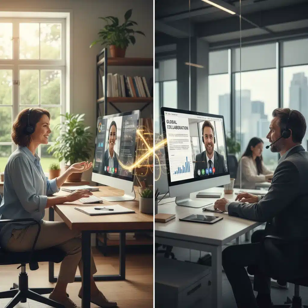 Colaboración en un entorno de trabajo híbrido con teletrabajadores y oficina