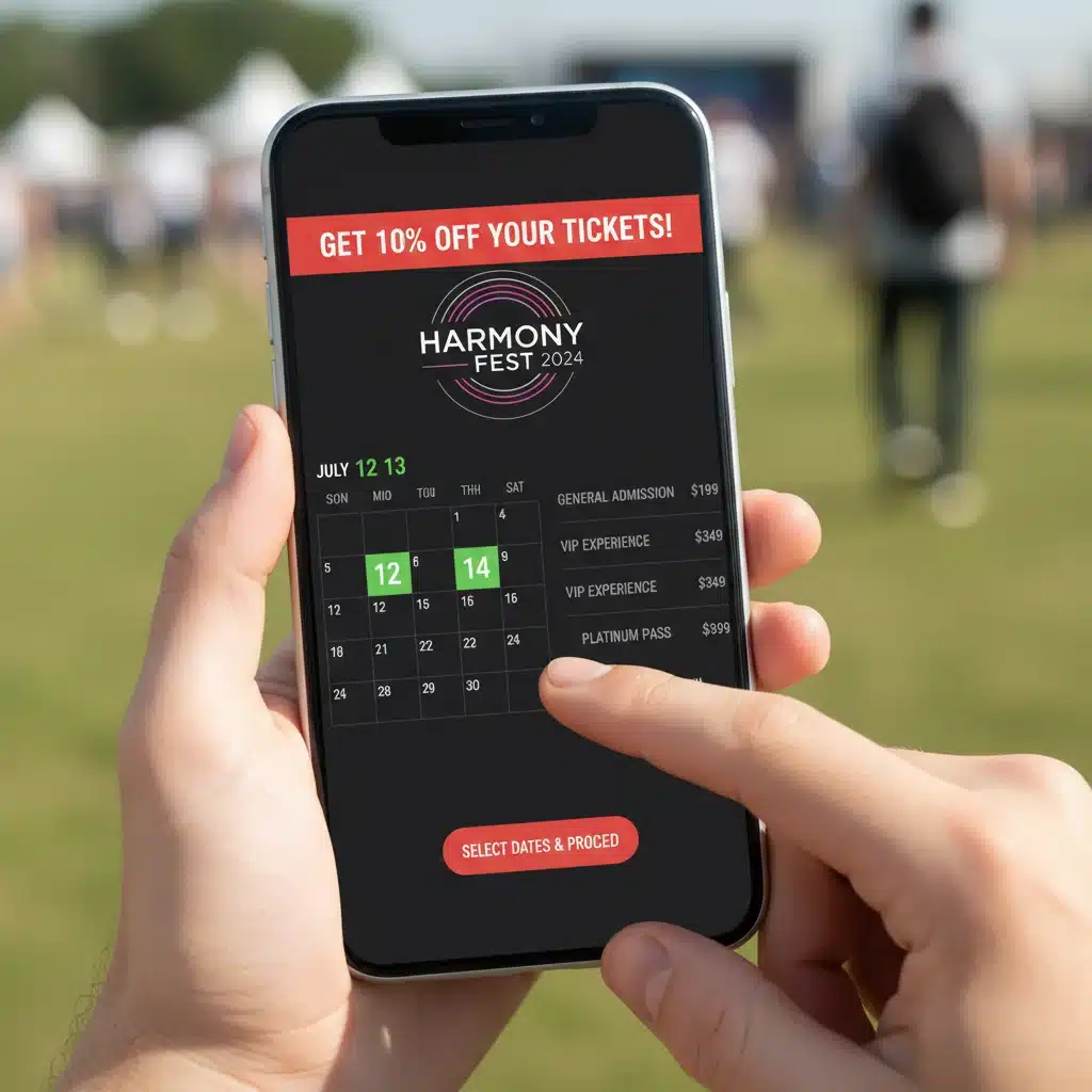 Pantalla de smartphone mostrando la compra de entradas online para un festival de música con un descuento del 10%.