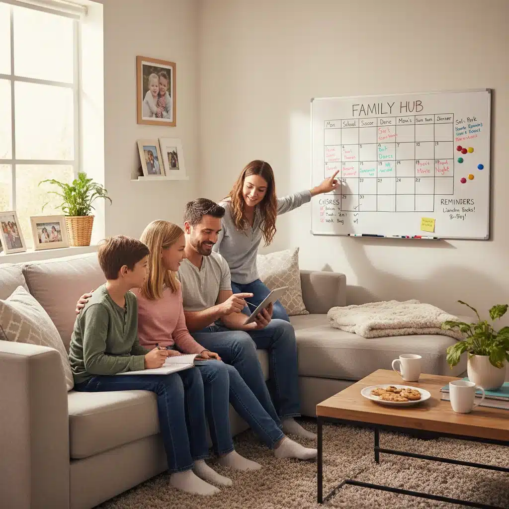 Familia comunicándose y organizando sus horarios para una mejor convivencia durante el teletrabajo.