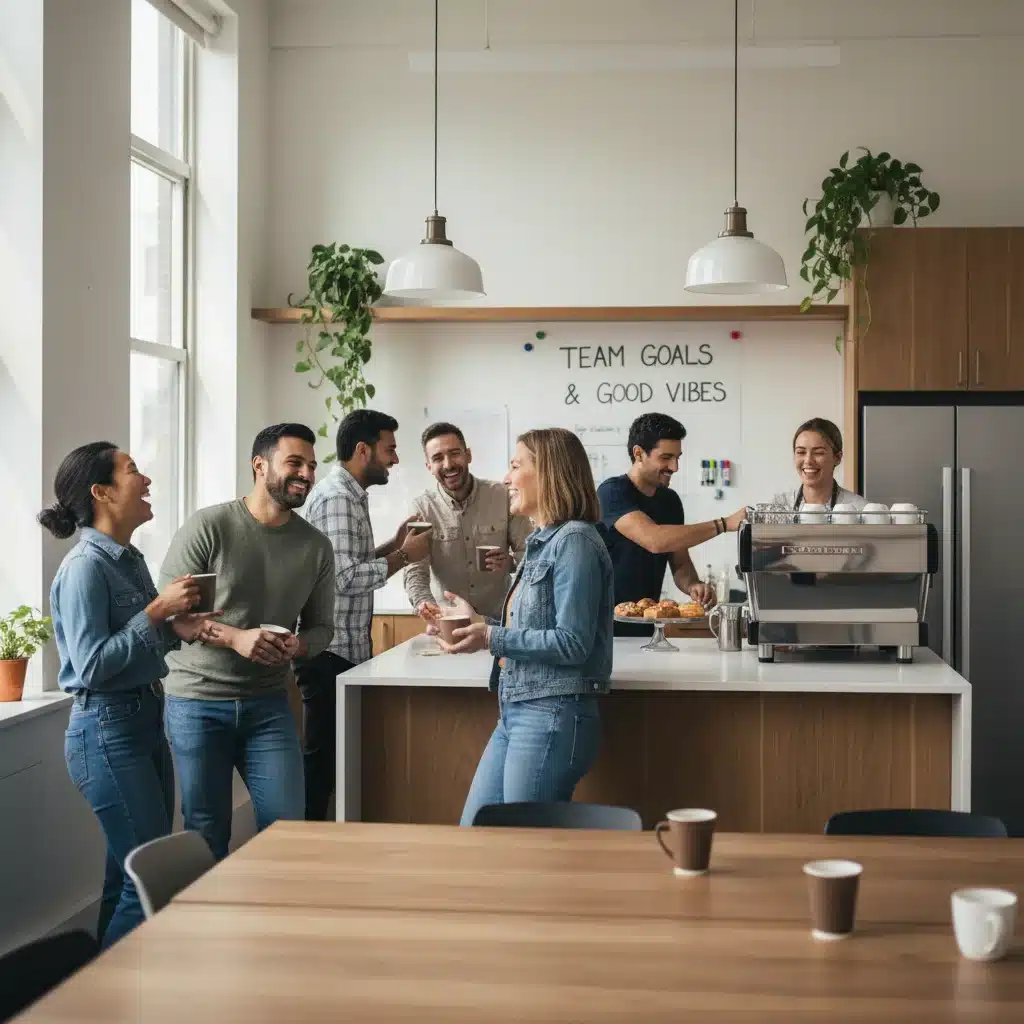Compañeros de trabajo socializando y riendo durante un descanso en la oficina