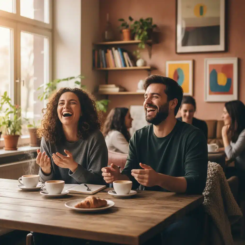 Amigos sonriendo y conversando en una cafetería, fortaleciendo lazos sociales y apoyo emocional.
