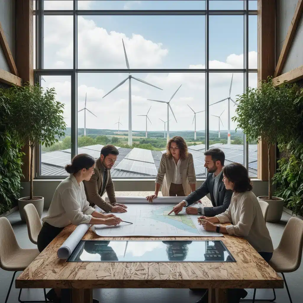 Equipo de consultores de sostenibilidad discutiendo estrategias para proyectos de energía renovable.