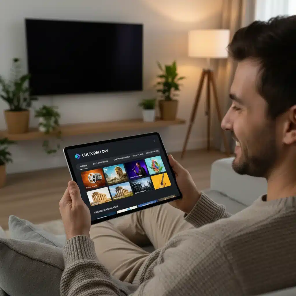 Usuario disfrutando de contenido cultural en una plataforma digital en España