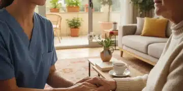 Mujer cuidadora sosteniendo la mano de una persona mayor, simbolizando apoyo emocional y cuidado en España.