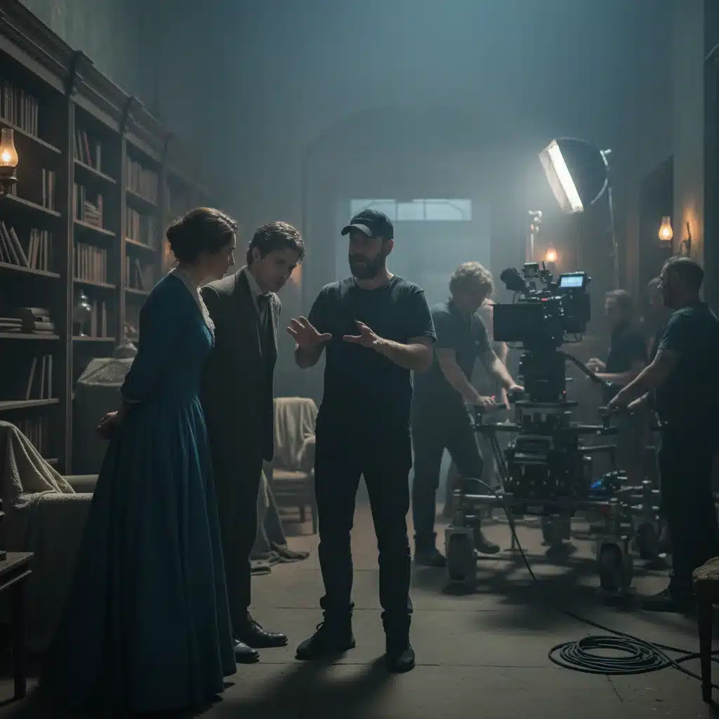 Director de cine español dando indicaciones a los actores en un set de rodaje, con equipo técnico y cámaras.