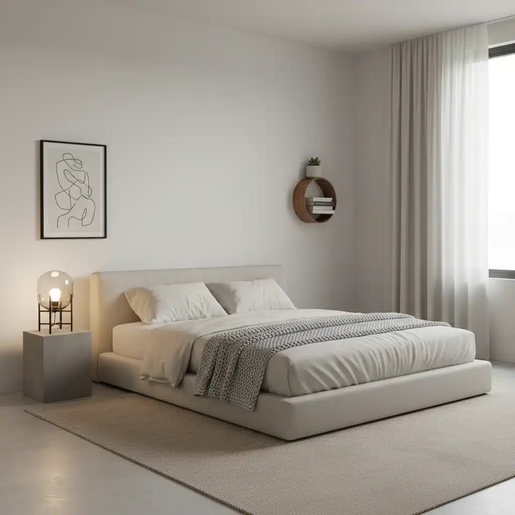 Dormitorio minimalista con iluminación suave, ambiente tranquilo y colores neutros para el descanso.