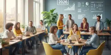 Empleados felices en una oficina moderna, conciliando vida laboral y familiar en 2026.