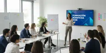 Formación Bonificada 2026: Ahorra 100% en Cursos para Empleados Empleados diversos participando activamente en una sesión de formación bonificada en 2026, con tecnología moderna y un ambiente colaborativo.
