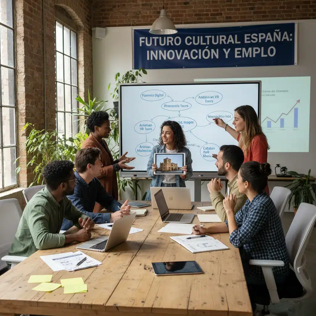Emprendedores jóvenes colaborando en proyectos culturales innovadores, impulsando la economía creativa.