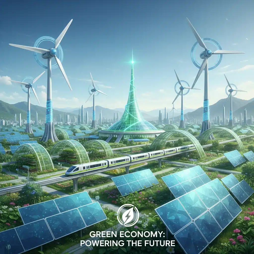Ilustración de energía renovable, paneles solares y aerogeneradores, representando el sector verde en crecimiento