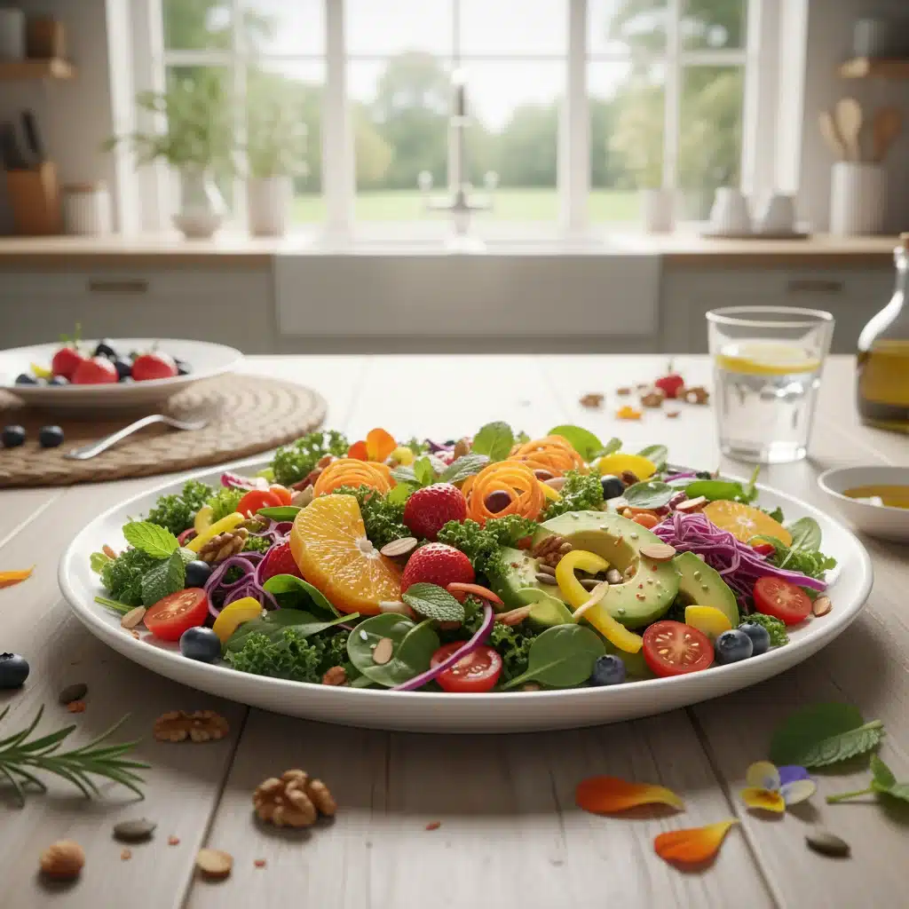 Ensalada fresca y colorida llena de verduras y frutas, promoviendo una alimentación saludable.