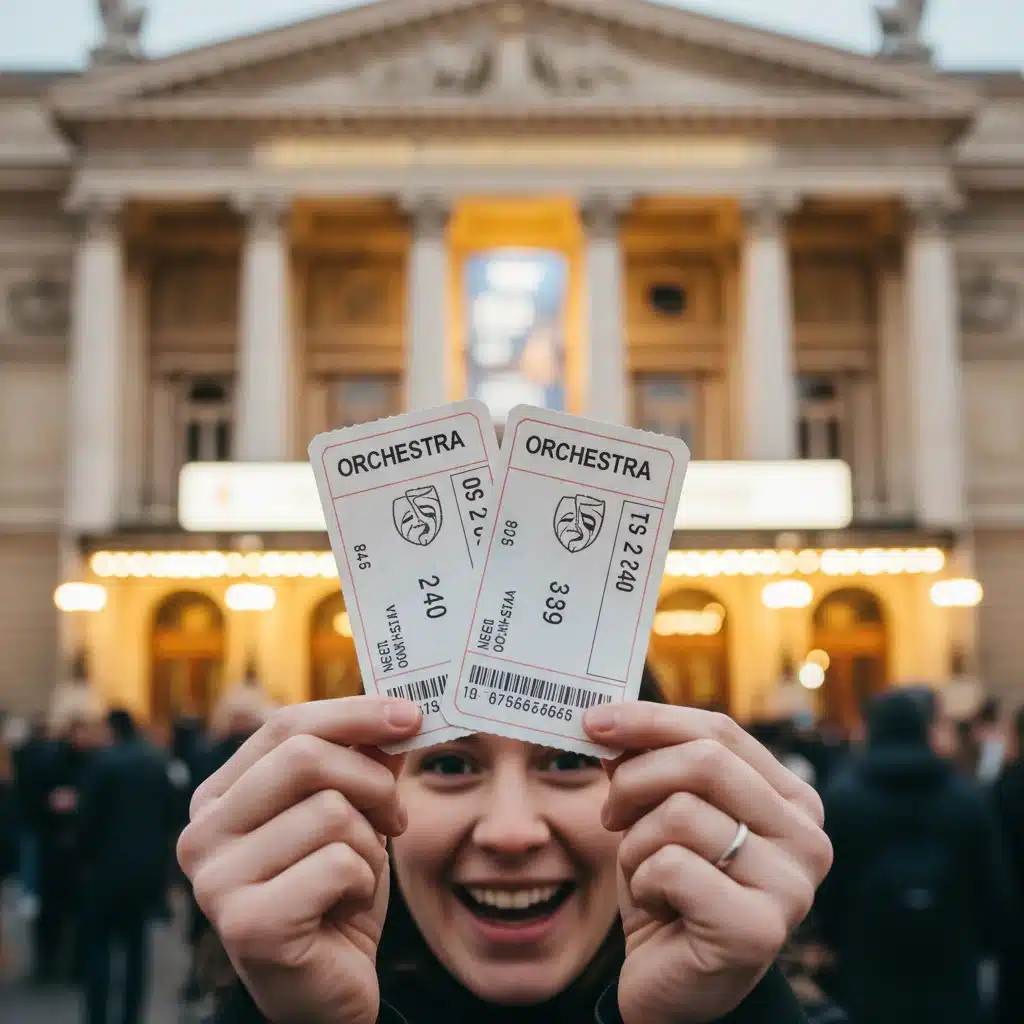 Persona sosteniendo entradas de teatro con la entrada de un gran teatro de fondo, simbolizando éxito al comprar.