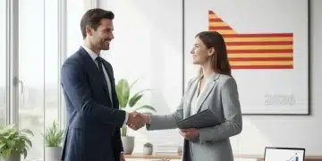 Entrevista de trabajo exitosa en España 2026, dos profesionales dándose la mano.