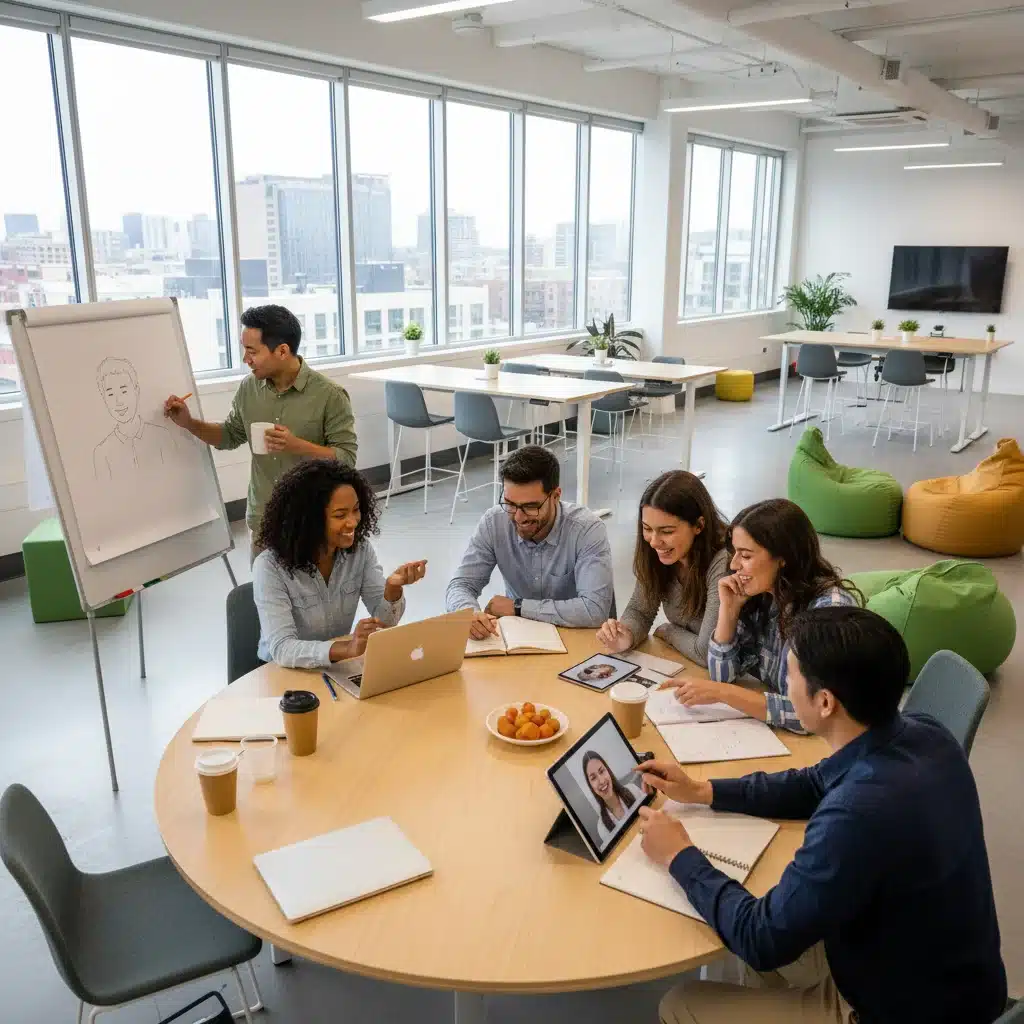 Equipo diverso trabajando en entorno laboral flexible y colaborativo