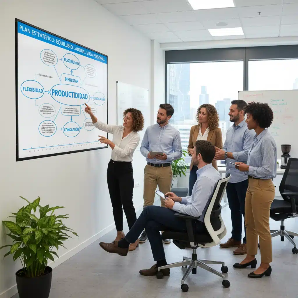 Equipo empresarial planificando estrategias de conciliación y bienestar en 2026.