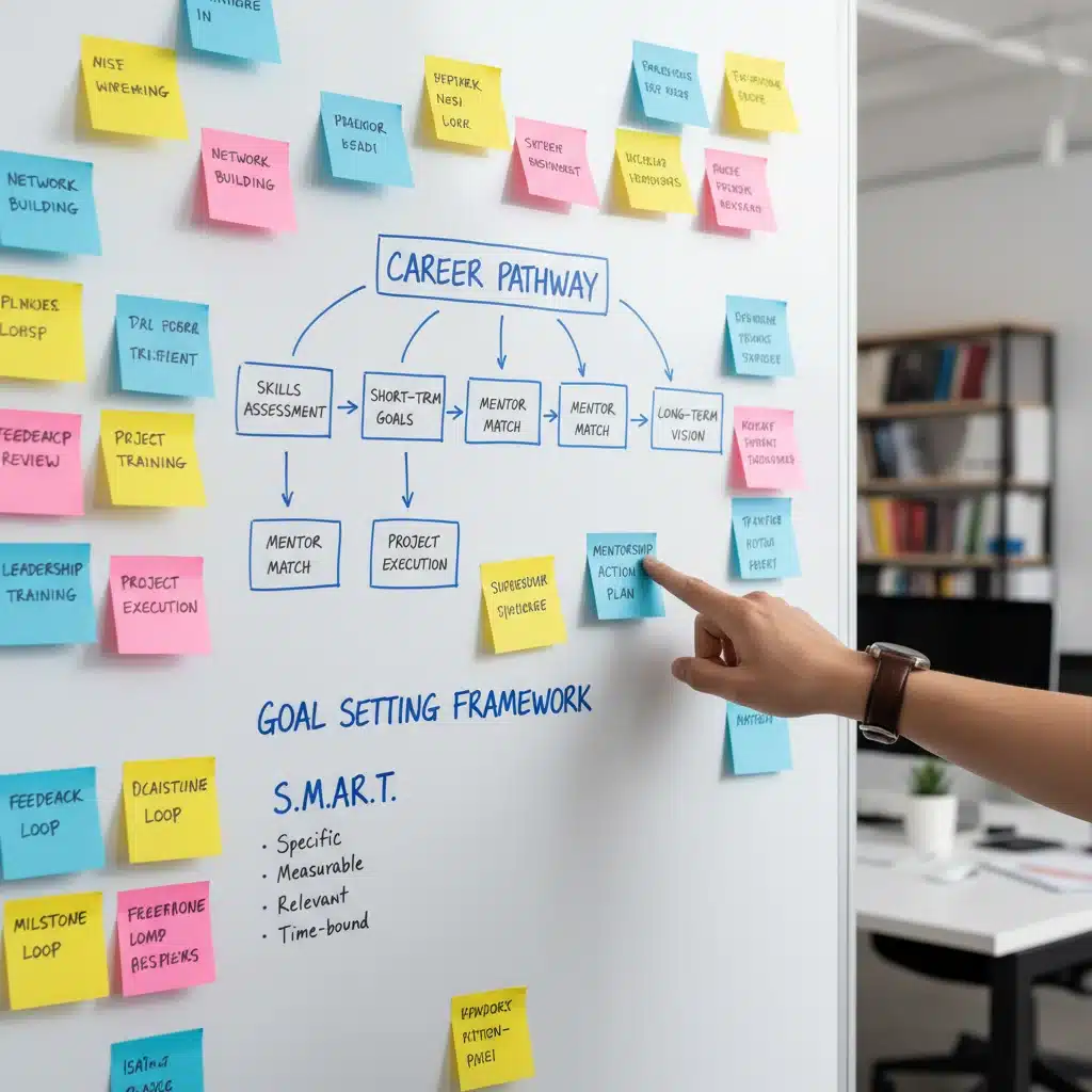 Pizarra con estrategias de desarrollo profesional y objetivos de carrera planificados en un programa de mentoría.
