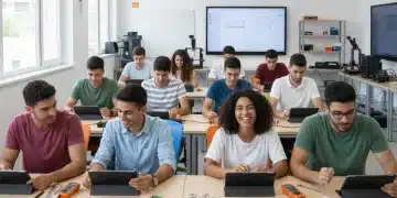 Estudiantes en un aula de Formación Profesional moderna en España, beneficiándose de subvenciones FP.