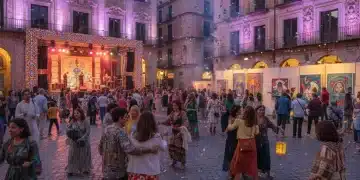 Gente disfrutando de un evento cultural al aire libre en España, con música y luces.