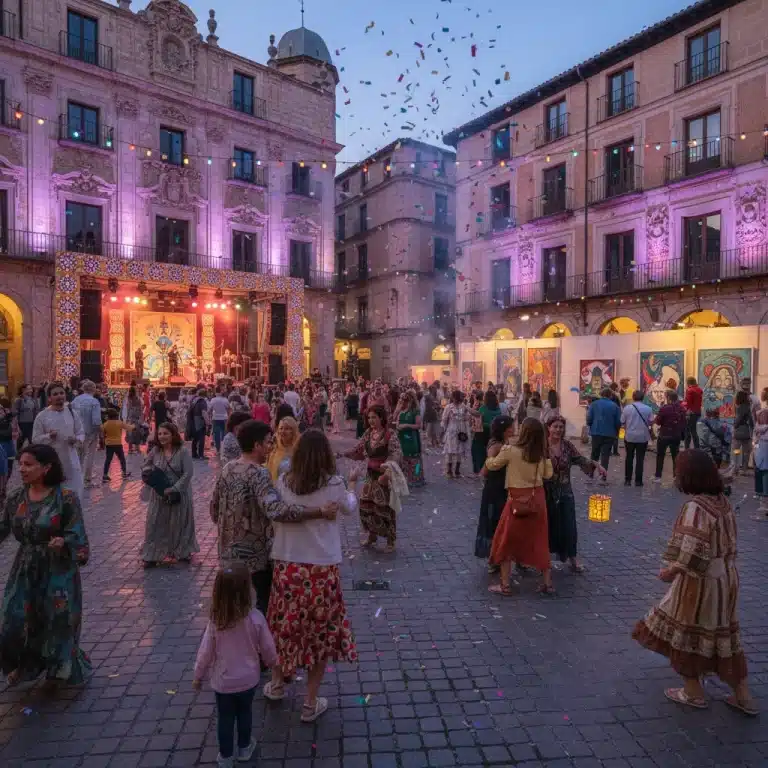Gente disfrutando de un evento cultural al aire libre en España, con música y luces.