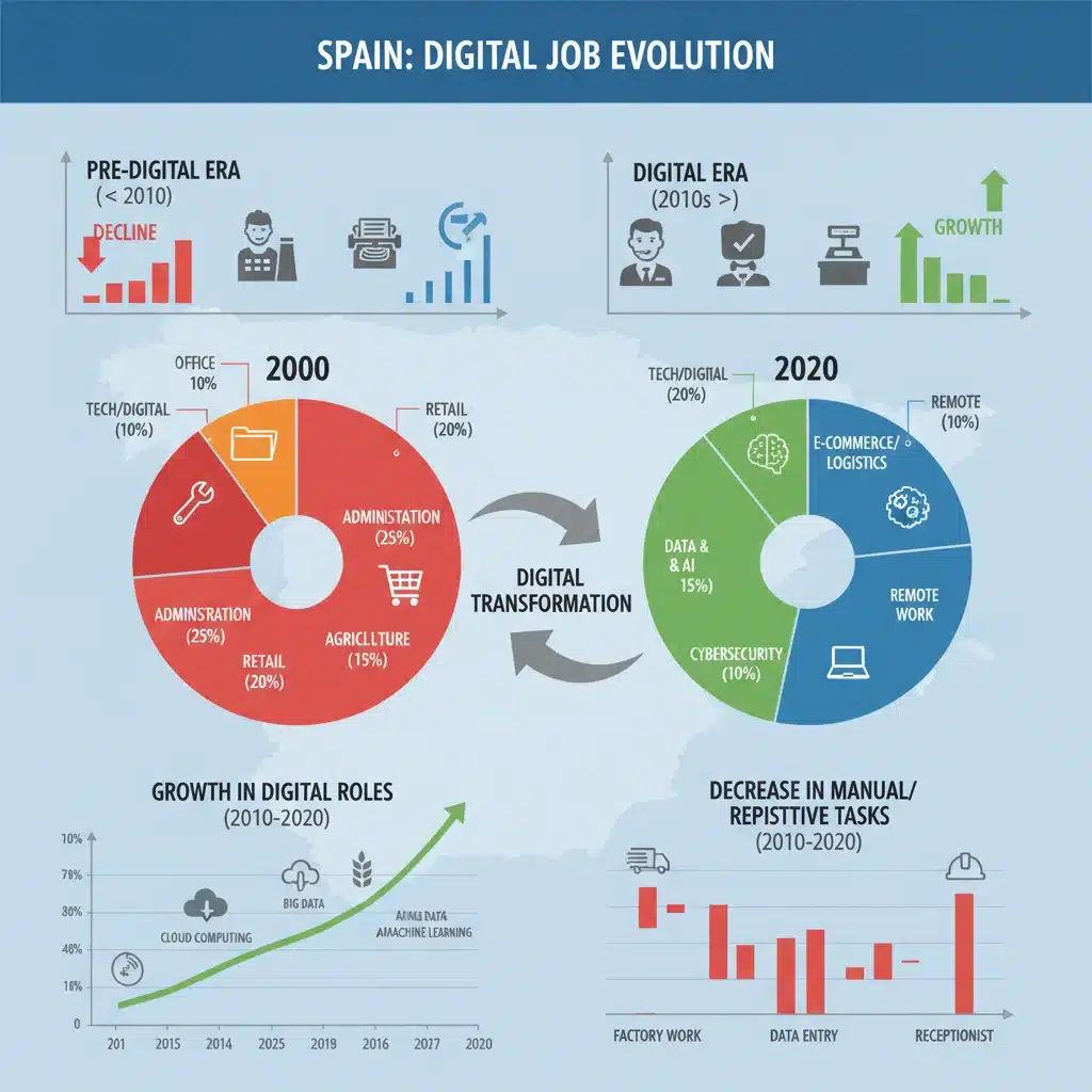 Infografía mostrando la evolución de los roles de empleo en España por la transformación digital.