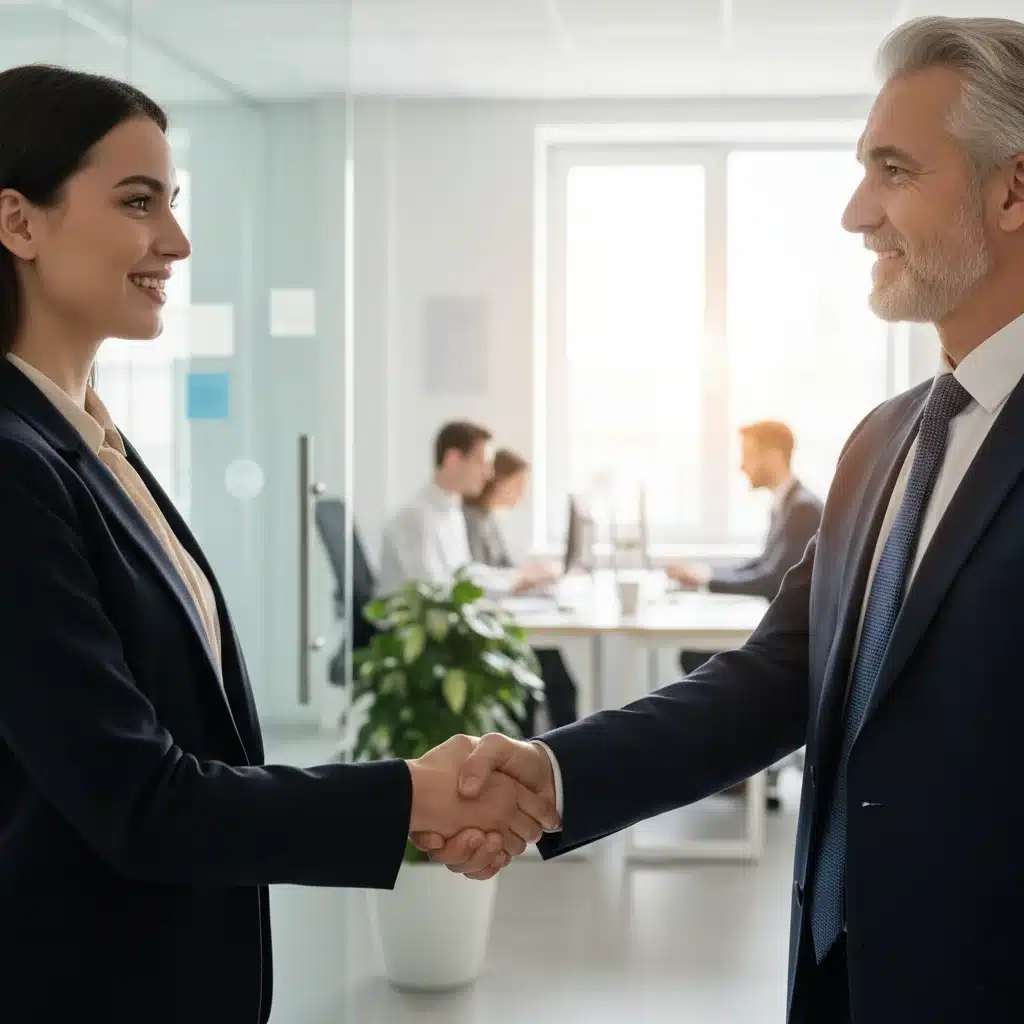 Mentor y mentee dándose la mano tras una exitosa sesión de mentoría laboral en España.