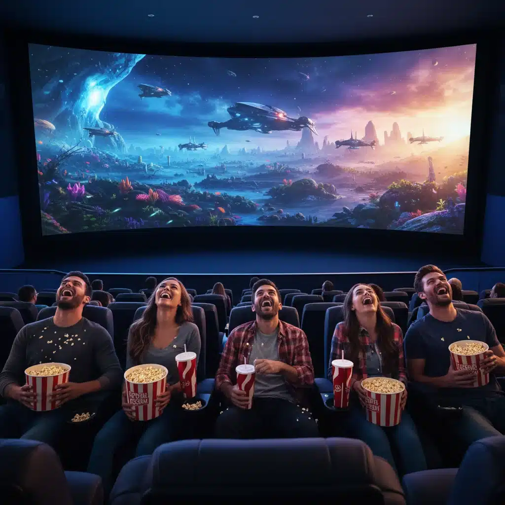 Personas disfrutando de una película en una sala de cine moderna, con palomitas y bebidas, en un ambiente acogedor.