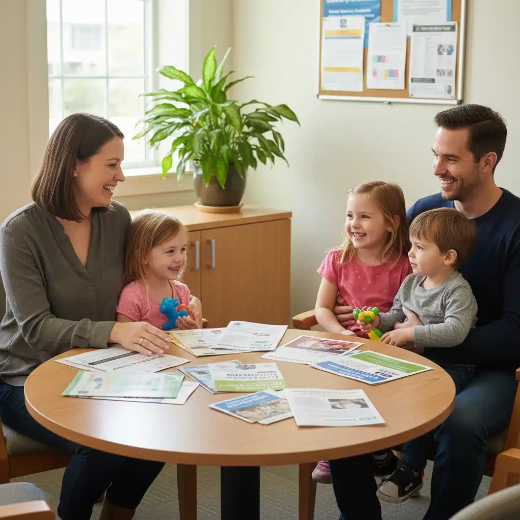 Familia recibiendo asesoramiento y apoyo de un trabajador comunitario sobre recursos de cuidado infantil.
