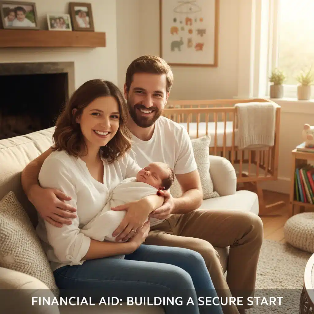 Familia feliz con recién nacido recibiendo apoyo económico.