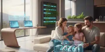 Familia feliz en casa, padres trabajando con flexibilidad horaria