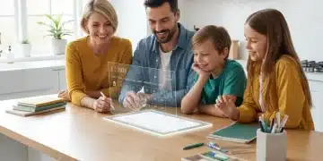 Familia moderna planificando la semana escolar en una mesa organizada, sonriendo y colaborando. Gestión tiempo familiar.