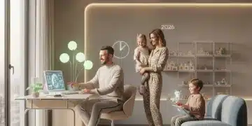 Familia feliz teletrabajando en casa en 2026, equilibrando vida personal y profesional.