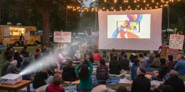 Público disfrutando de una proyección al aire libre en un festival de cine independiente con luces colgantes y ambiente comunitario.