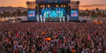 Festivales de Música en España 2026: Guía Completa y Descuentos Exclusivos Público disfrutando de un vibrante festival de música en España al atardecer, con luces de escenario y mucha energía.
