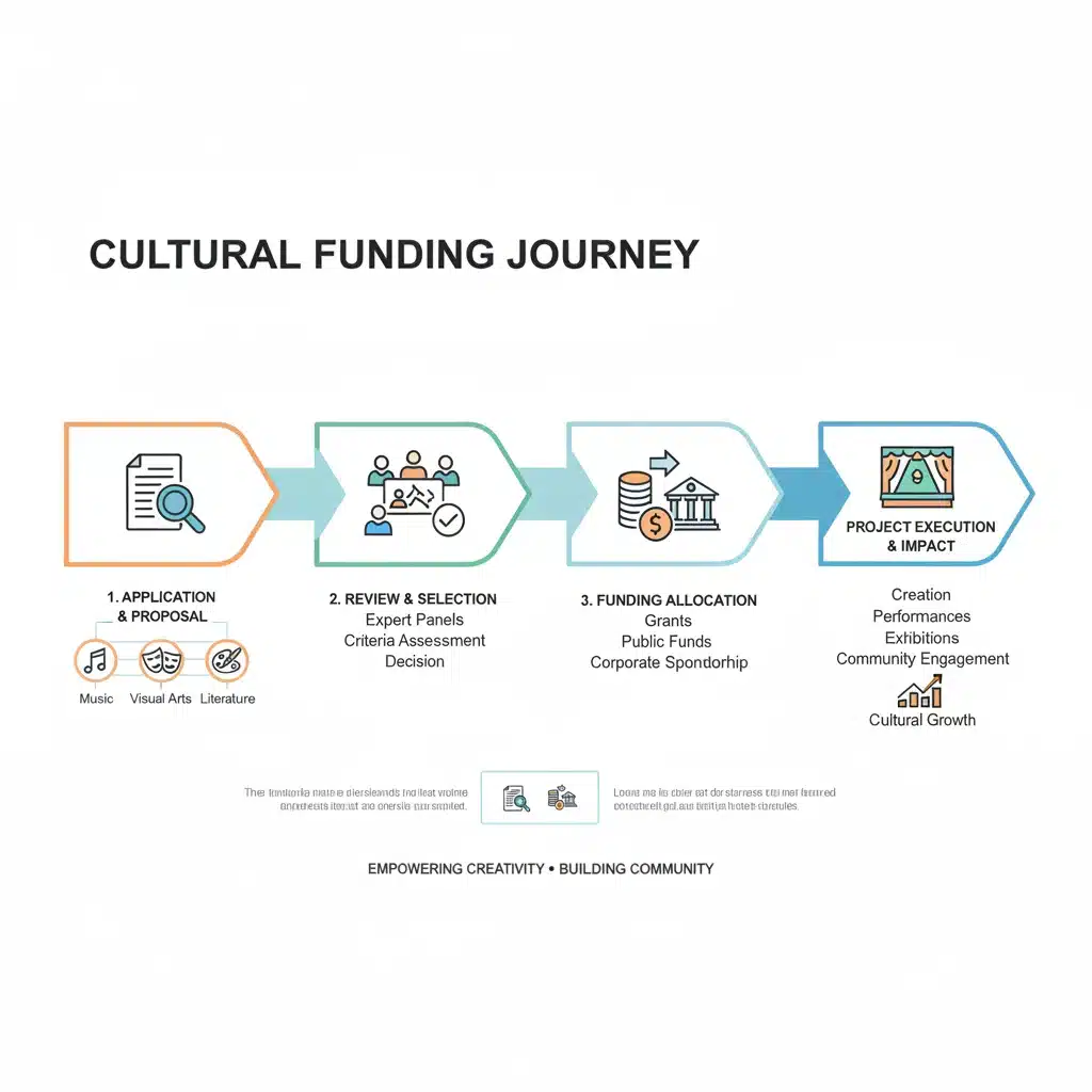 Diagrama explicativo del proceso de solicitud y gestión de ayudas culturales para artistas y proyectos en España.