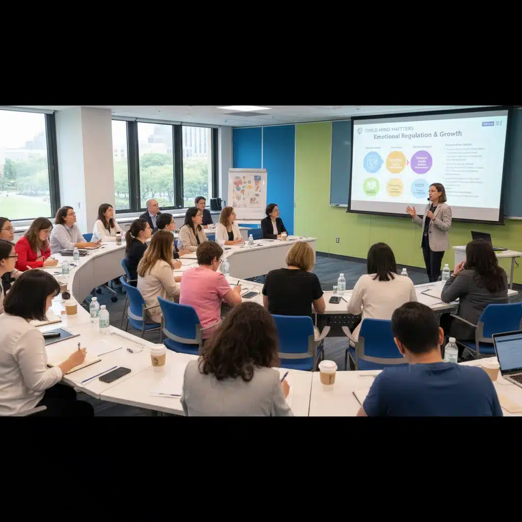 Padres y educadores en taller sobre salud mental infantil, aprendiendo estrategias.