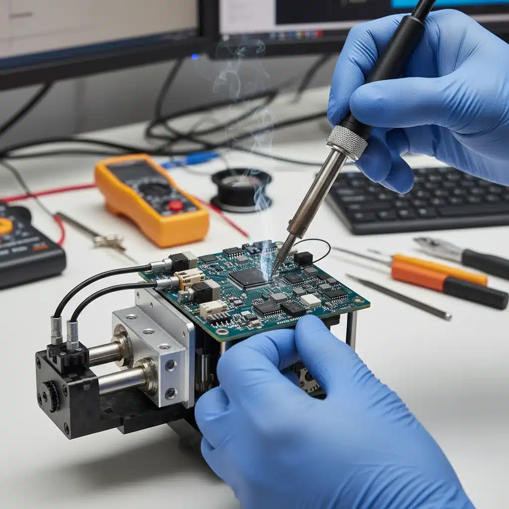 Manos trabajando en un circuito electrónico, mostrando habilidades técnicas de FP Dual
