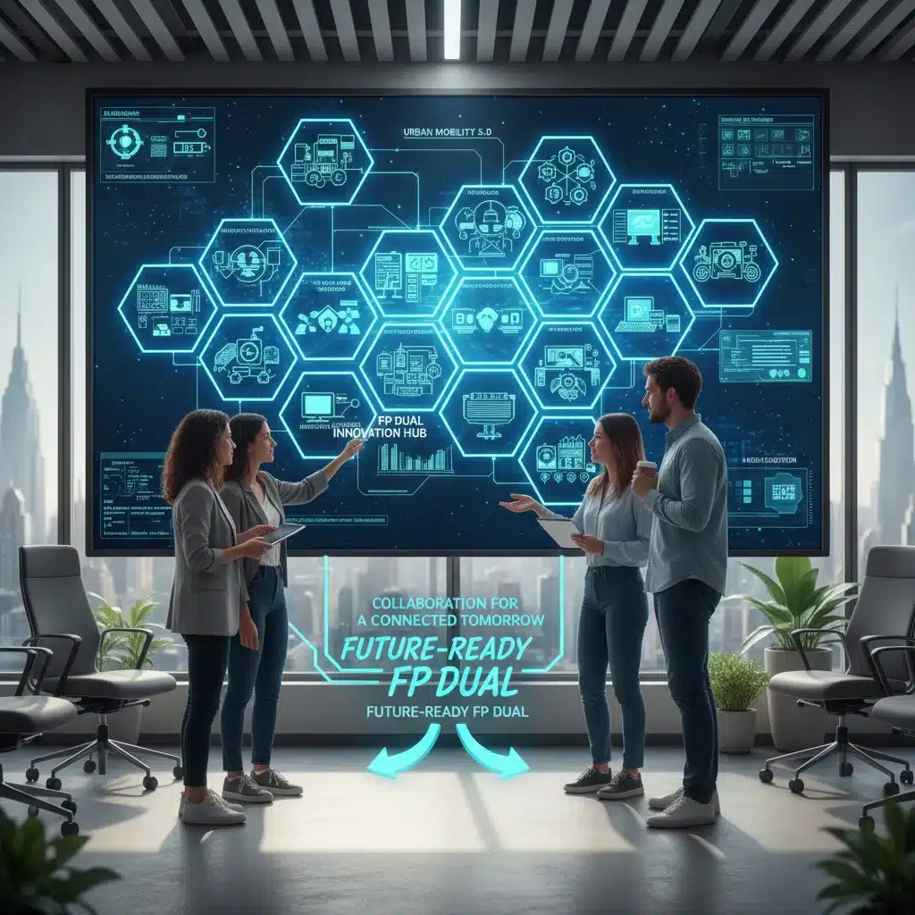Profesionales discutiendo un diagrama de ciudad inteligente, reflejando tendencias de FP Dual