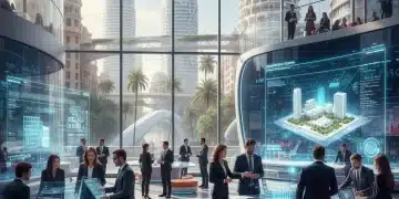 Profesionales colaborando en un entorno de trabajo digitalizado, ilustrando el futuro del empleo en España.