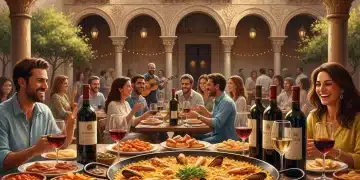 Eventos Culinarios España 2026: Fusión de Tradición y Vanguardia Mesa colorida con tapas, paella y vino, celebrando la gastronomía española en un ambiente festivo.