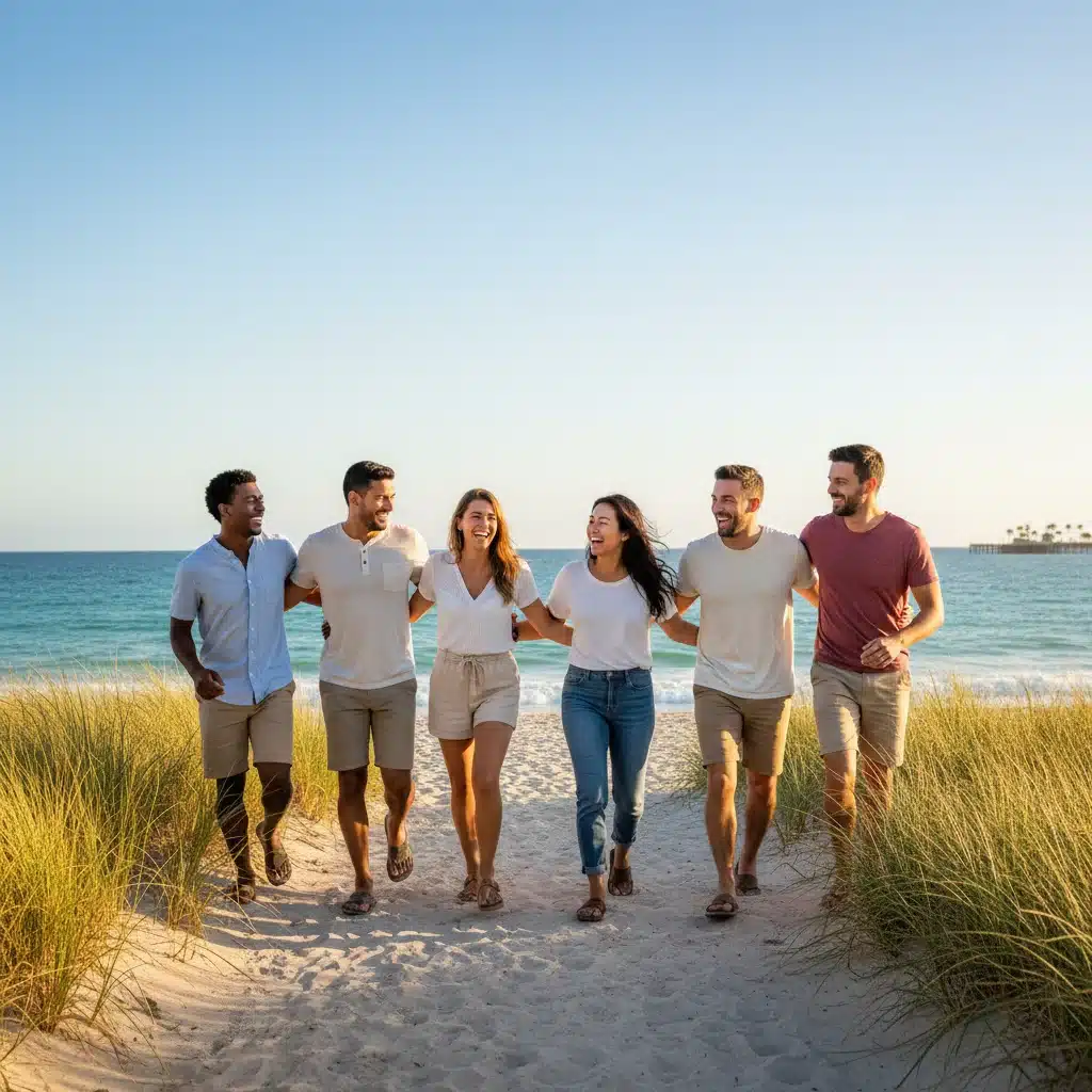 Grupo de personas sonriendo y caminando por una playa, disfrutando del aire libre y la compañía.