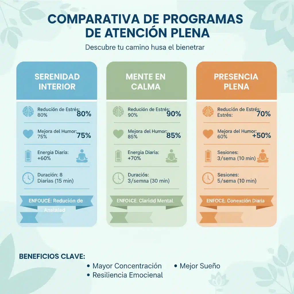 Gráfico comparativo de beneficios y características de programas de mindfulness públicos.