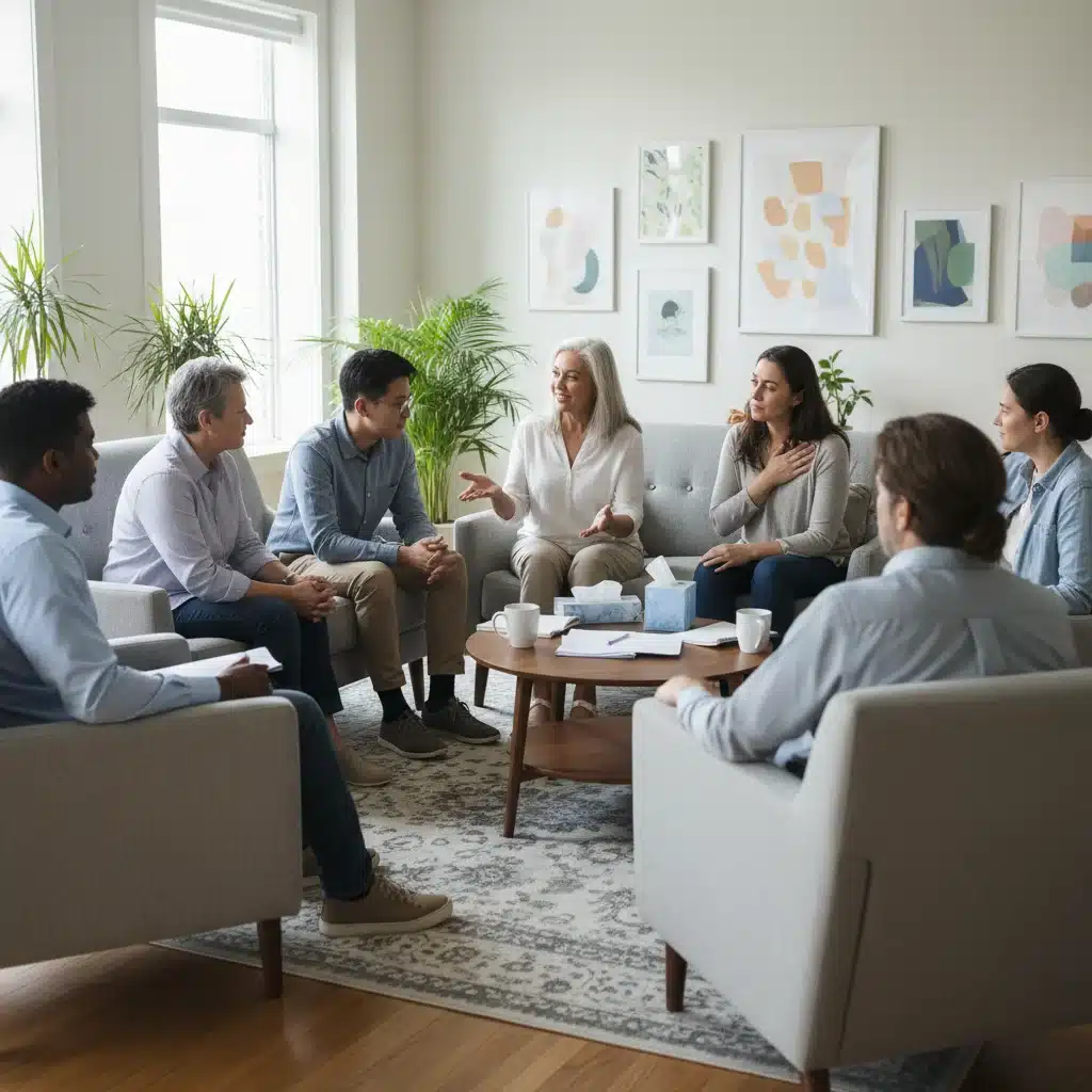 Grupo de cuidadores participando en una sesión de apoyo mutuo, compartiendo experiencias y buscando bienestar.