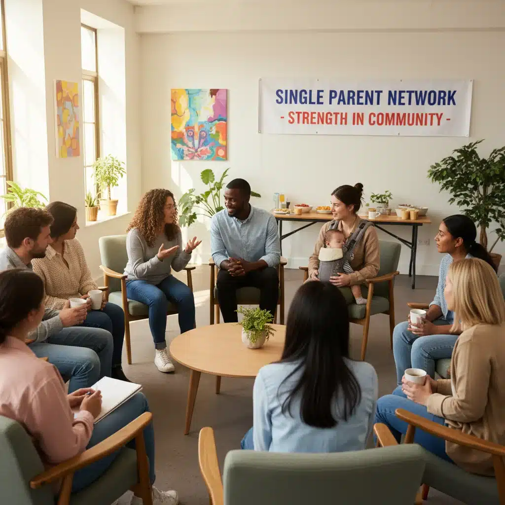 Grupo de apoyo para padres y madres solteros compartiendo experiencias