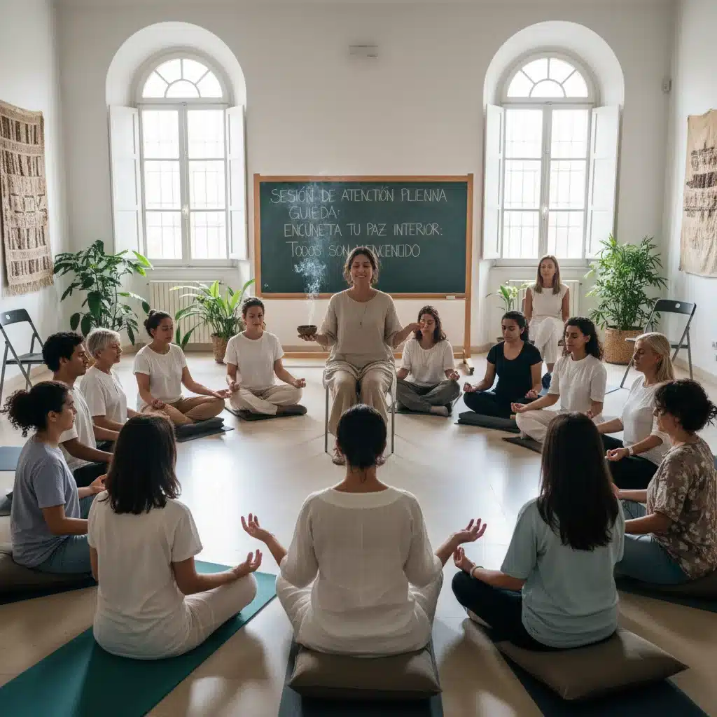 Grupo de personas practicando mindfulness en un centro comunitario, representando la accesibilidad de programas públicos.