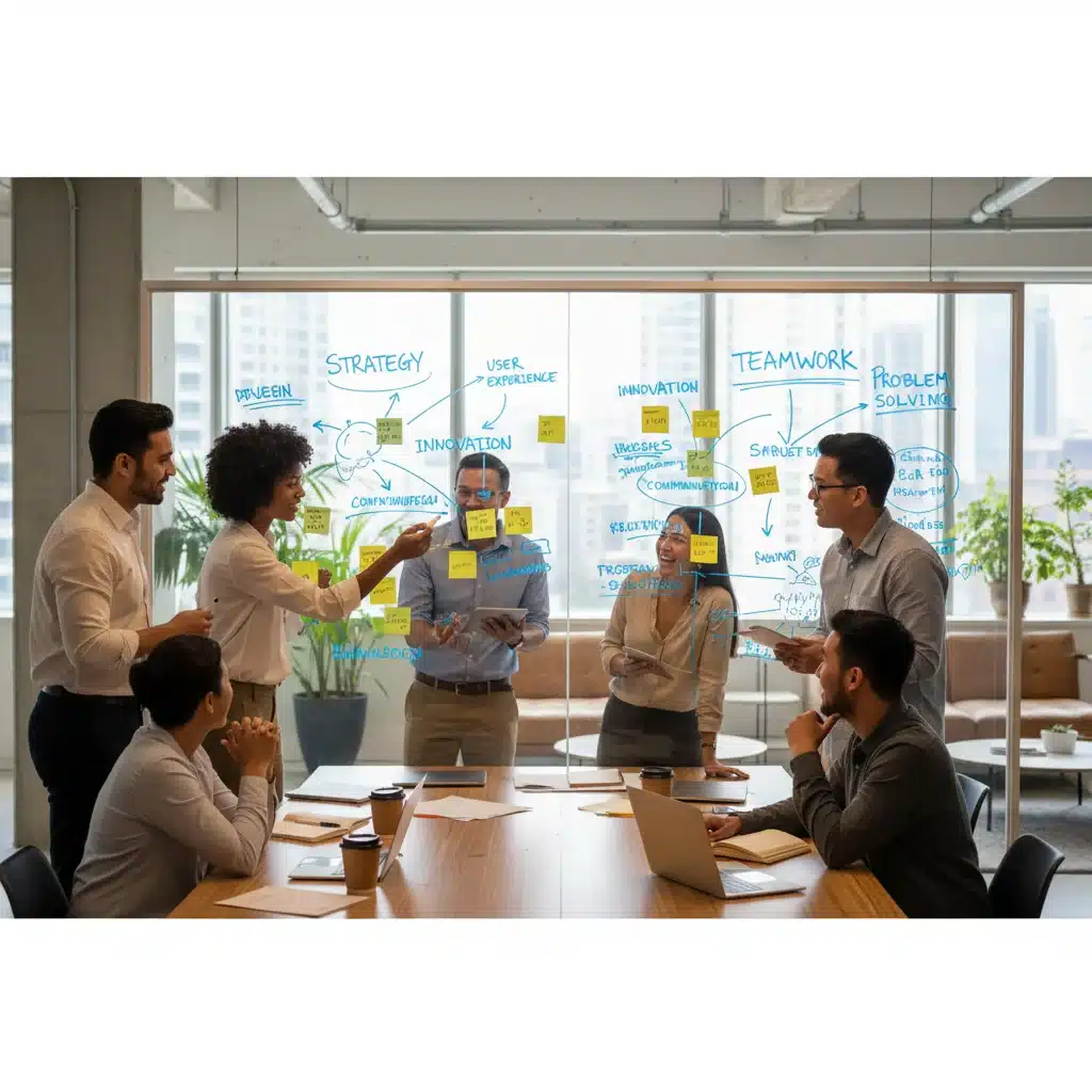 Equipo colaborando, destacando la importancia de las habilidades blandas en el trabajo
