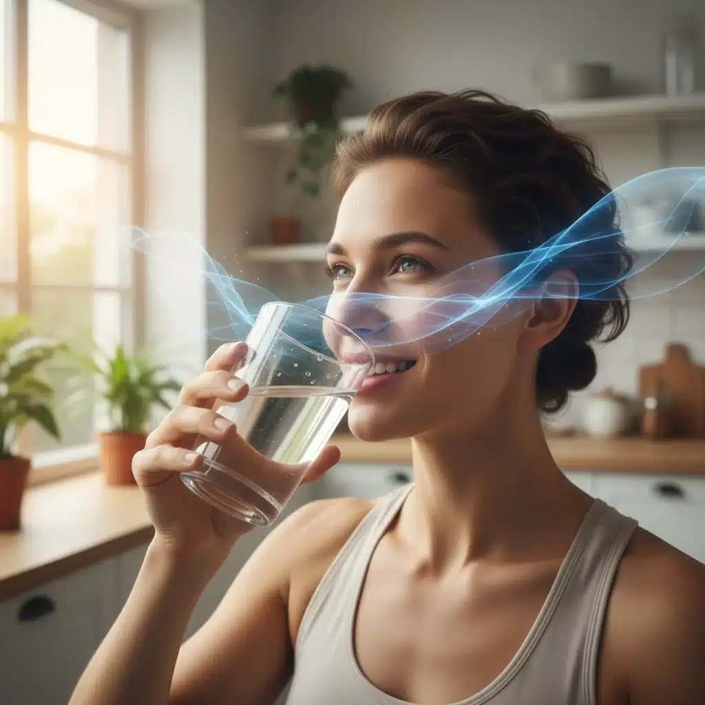 Persona sonriendo mientras bebe un vaso de agua, enfatizando la importancia de la hidratación para el ánimo.