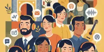 El Auge del Podcast Cultural en España: 8 Recomendaciones para 2026 Ilustración de personas escuchando podcasts culturales con elementos españoles de fondo, representando la fusión de cultura y tecnología auditiva.