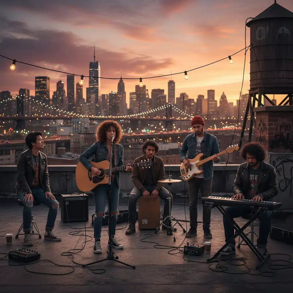 Banda de indie urbano tocando en una azotea al atardecer, representando la escena musical emergente.