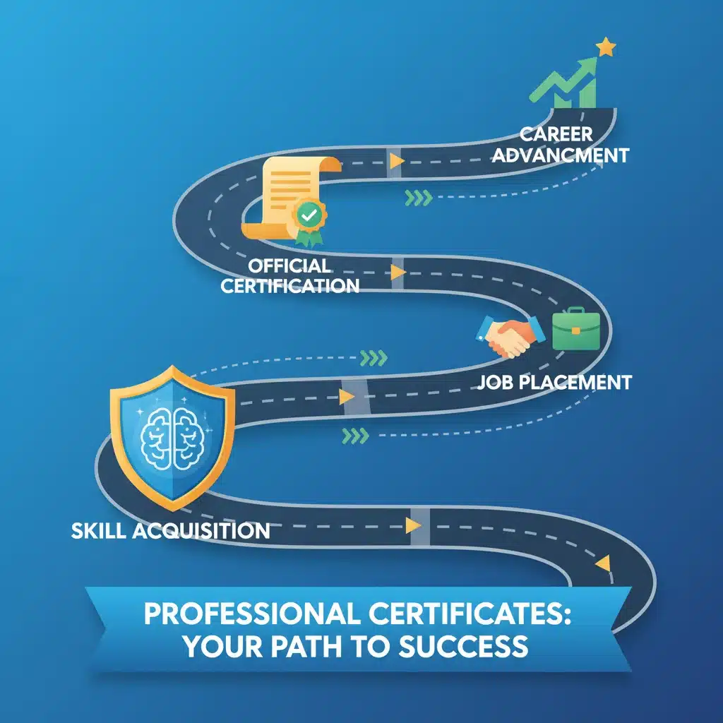 Infografía de un camino profesional con hitos que representan el avance laboral gracias a la certificación.